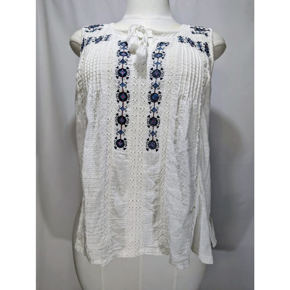 Lucky Brand Embroidered Peasant Tank White Blue Tassel Front Size L